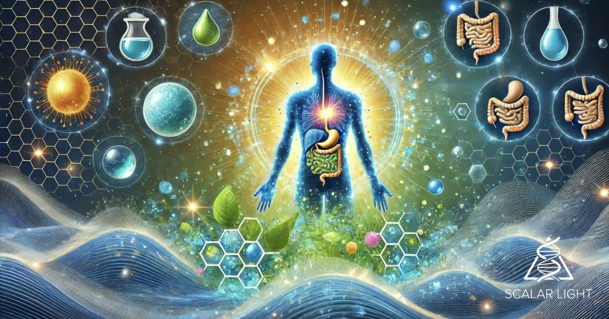 Illustration representing the health benefits of scalar energy water, featuring a vibrant human silhouette with glowing cells symbolizing hydration and cellular function, surrounded by scalar energy waves, detoxifying water droplets, and digestive health icons in a bright blue and green color palette.