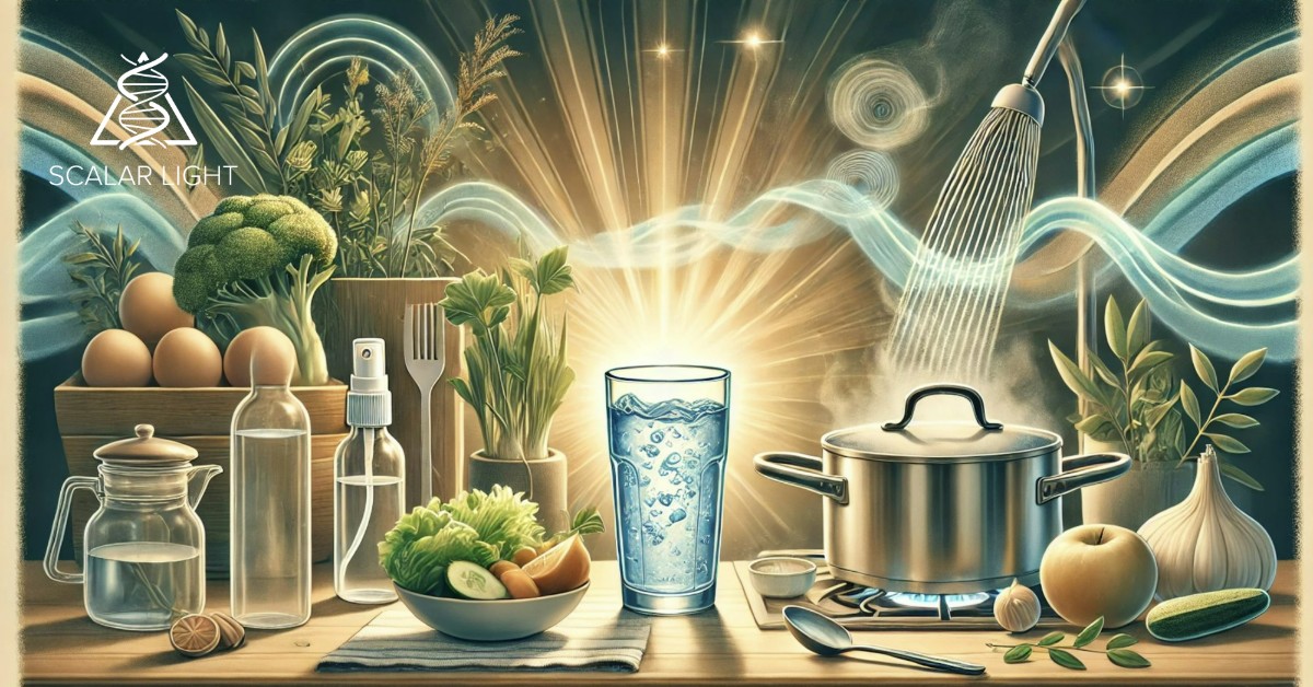 Showcasing the practical uses of scalar energy water, featuring a glowing glass of water on a kitchen countertop, surrounded by fresh produce being rinsed, a steaming cooking pot, and a skincare spray bottle, with soft energy waves and sunlight creating a serene and wellness-focused atmosphere.