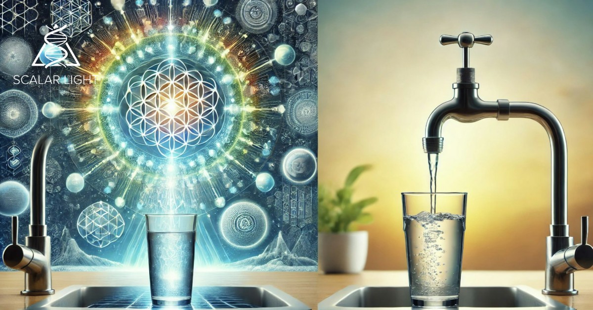 Comparing scalar energy water to regular tap water, featuring a glowing glass of scalar energy water emitting energy waves and geometric patterns on the left, and a plain glass of tap water beneath a dripping faucet on the right, with a serene environment contrasting with a minimalist setting to emphasize the differences.