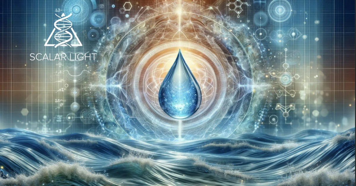 Illustration visualizing the science behind scalar energy water, featuring a glowing water droplet surrounded by scalar energy waves and geometric patterns symbolizing molecular alignment, set against a backdrop of quantum physics grids and rippling water in calming blue hues.